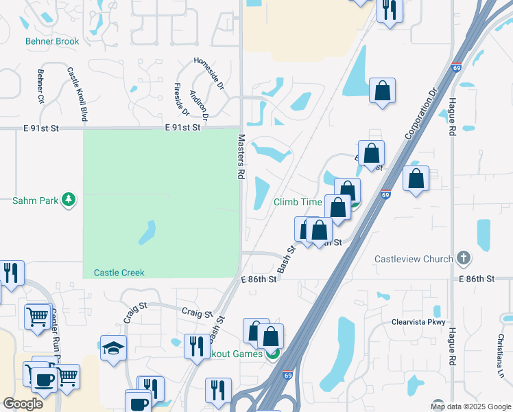 map of restaurants, bars, coffee shops, grocery stores, and more near 8975 Doral West Drive in Indianapolis