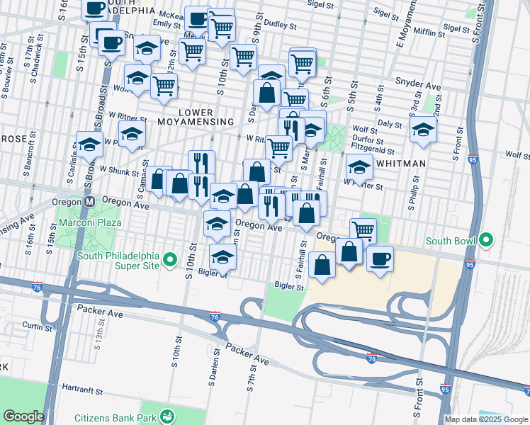 map of restaurants, bars, coffee shops, grocery stores, and more near 2635 South Franklin Street in Philadelphia