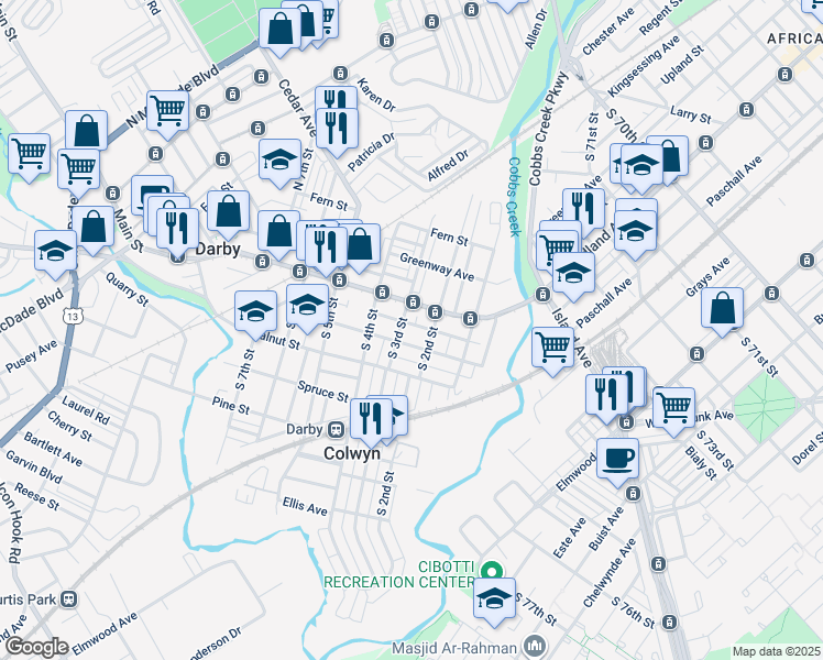 map of restaurants, bars, coffee shops, grocery stores, and more near 212 Francis Street in Darby