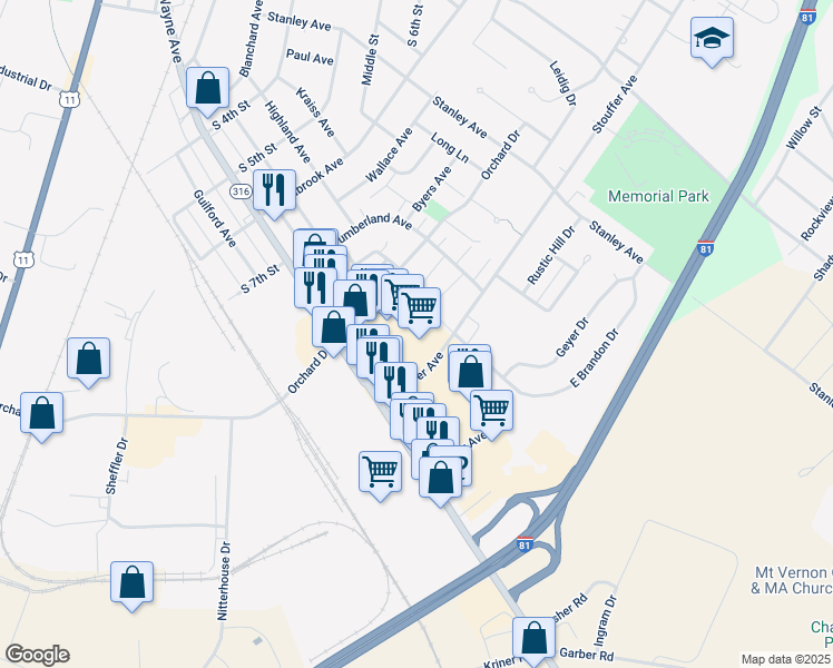 map of restaurants, bars, coffee shops, grocery stores, and more near 993 Wayne Avenue in Chambersburg
