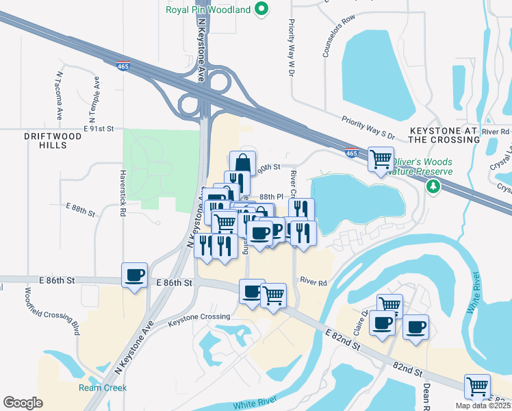 map of restaurants, bars, coffee shops, grocery stores, and more near 8831 Keystone Crossing in Indianapolis