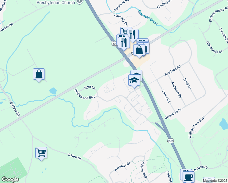 map of restaurants, bars, coffee shops, grocery stores, and more near 223 Caleb Drive in West Chester
