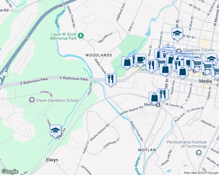 map of restaurants, bars, coffee shops, grocery stores, and more near 2 Hilltop Road in Media