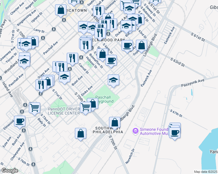 map of restaurants, bars, coffee shops, grocery stores, and more near 6753 Grovers Avenue in Philadelphia