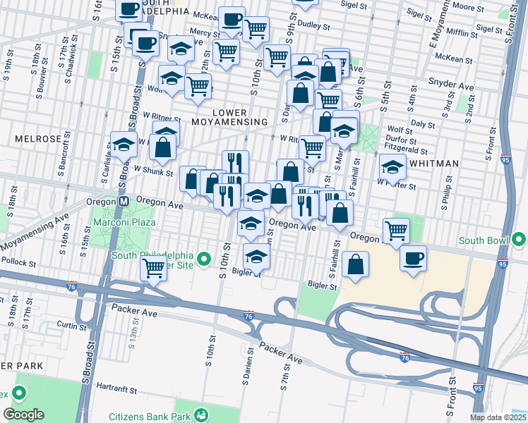 map of restaurants, bars, coffee shops, grocery stores, and more near 2617 South Darien Street in Philadelphia