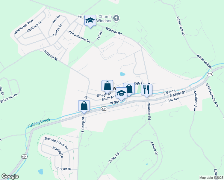 map of restaurants, bars, coffee shops, grocery stores, and more near 16 West High Street in Windsor