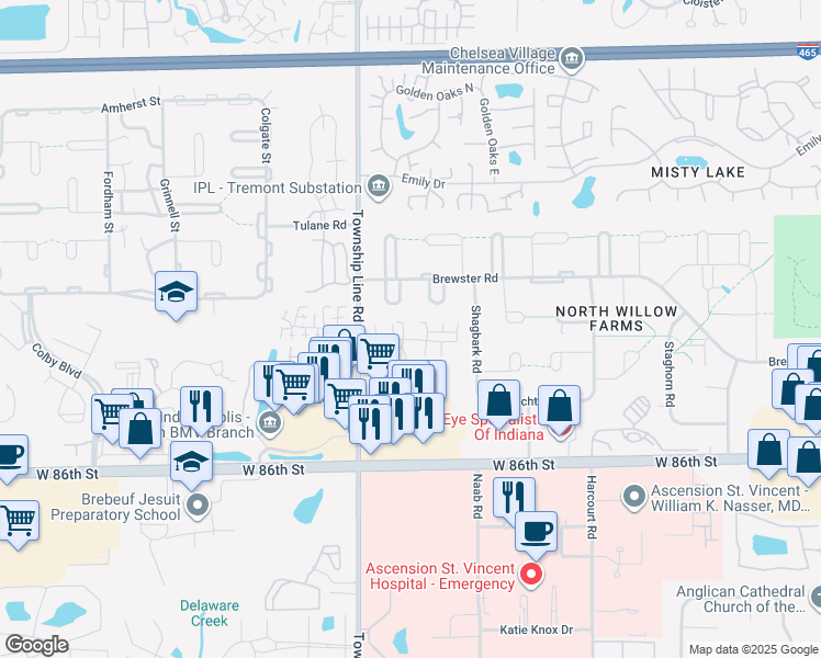 map of restaurants, bars, coffee shops, grocery stores, and more near 8914 Pinyon Court in Indianapolis