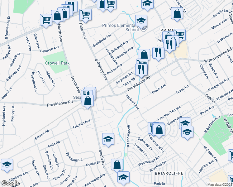 map of restaurants, bars, coffee shops, grocery stores, and more near 1111 Providence Road in Upper Darby