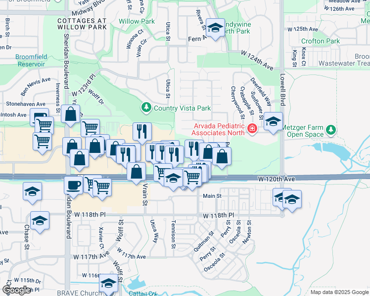 map of restaurants, bars, coffee shops, grocery stores, and more near 4275 West 121st Avenue in Broomfield