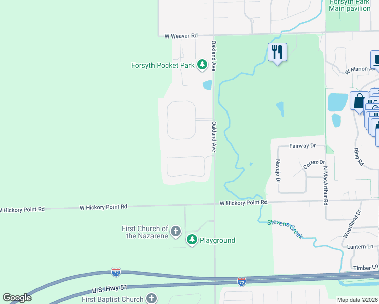 map of restaurants, bars, coffee shops, grocery stores, and more near 263-299 Hickory Point Court in Forsyth