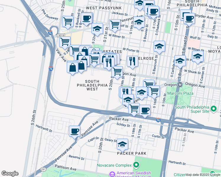 map of restaurants, bars, coffee shops, grocery stores, and more near 2885 South 20th Street in Philadelphia