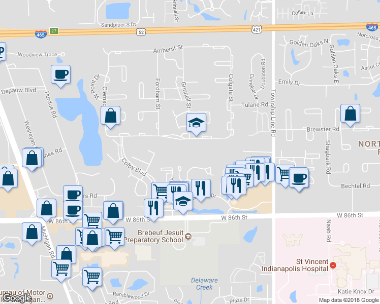 map of restaurants, bars, coffee shops, grocery stores, and more near 2811 Barnard Street in Indianapolis