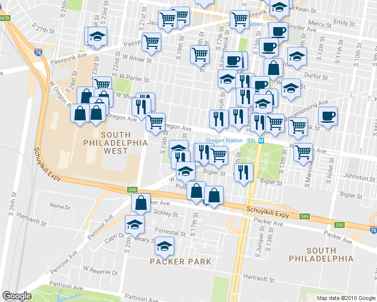 map of restaurants, bars, coffee shops, grocery stores, and more near 1732 Johnston Street in Philadelphia