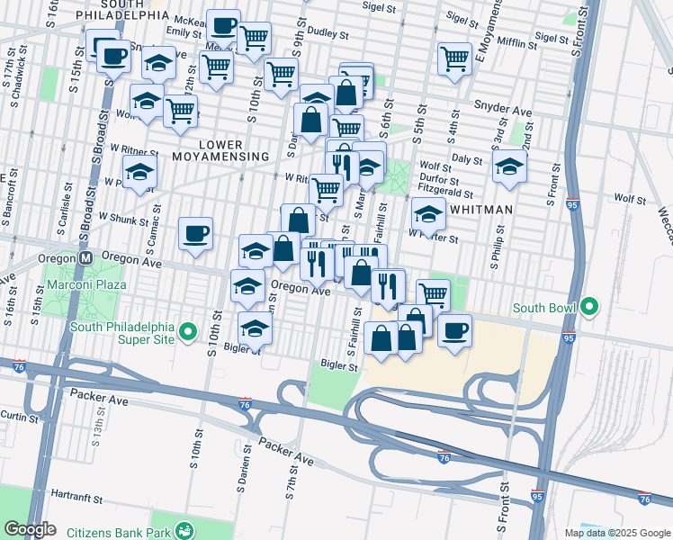 map of restaurants, bars, coffee shops, grocery stores, and more near 2622 South Sheridan Street in Philadelphia