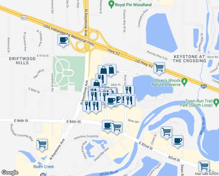 map of restaurants, bars, coffee shops, grocery stores, and more near 8831 Keystone Crossing in Indianapolis
