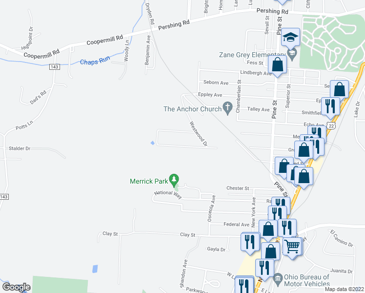 map of restaurants, bars, coffee shops, grocery stores, and more near 1340 South Westwood Drive in Zanesville