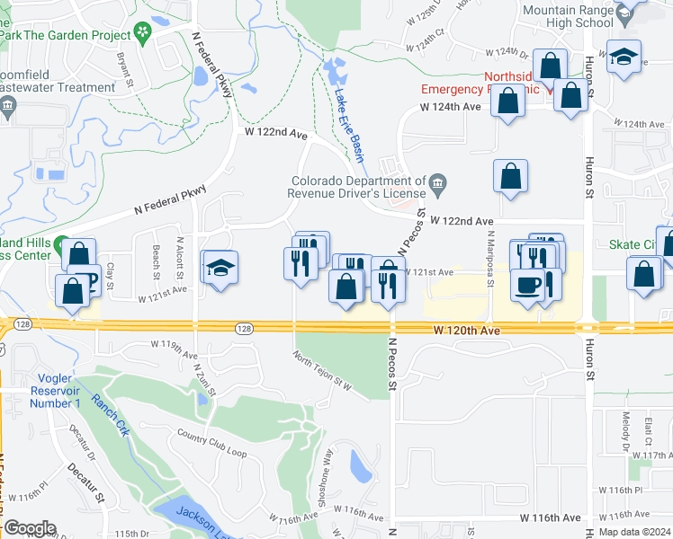 map of restaurants, bars, coffee shops, grocery stores, and more near 1765 W 121st Ave in Westminster