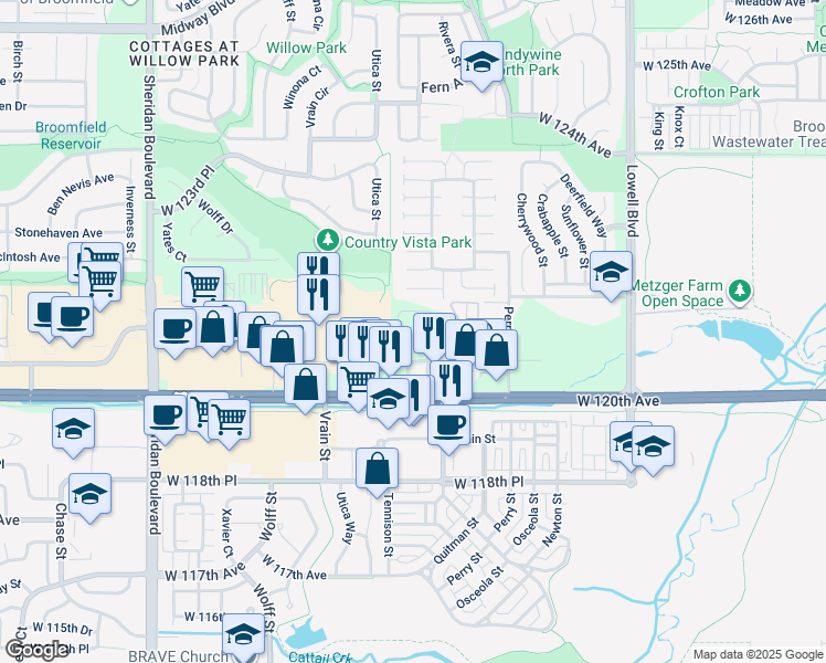 map of restaurants, bars, coffee shops, grocery stores, and more near in Broomfield