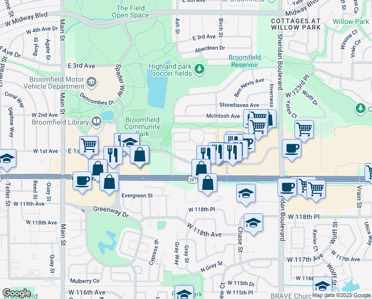 map of restaurants, bars, coffee shops, grocery stores, and more near 999 East 1st Avenue in Broomfield