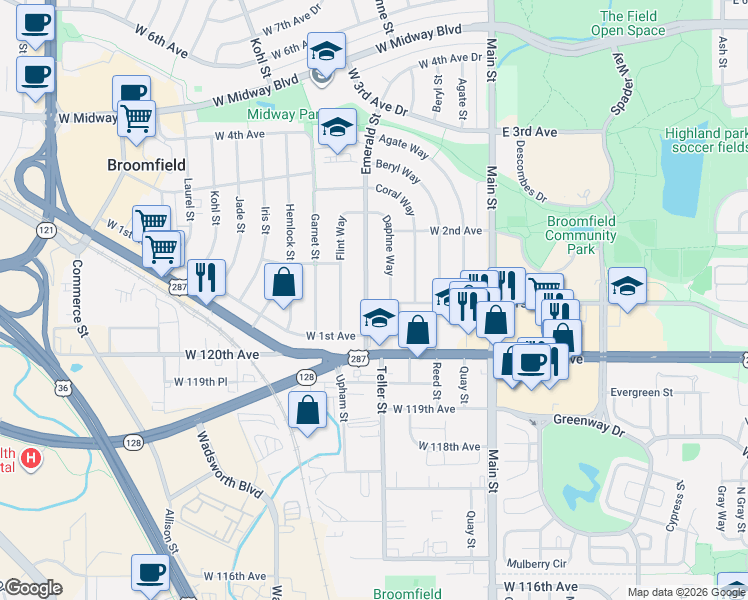 map of restaurants, bars, coffee shops, grocery stores, and more near 115 Daphne Way in Broomfield
