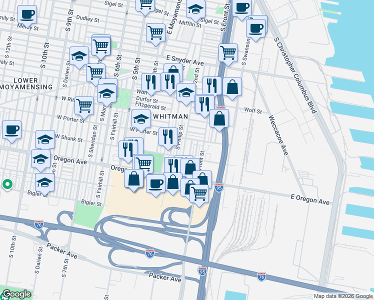 map of restaurants, bars, coffee shops, grocery stores, and more near 2517 South Philip Street in Philadelphia