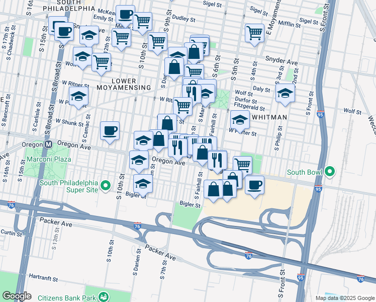 map of restaurants, bars, coffee shops, grocery stores, and more near 2622 South Sheridan Street in Philadelphia