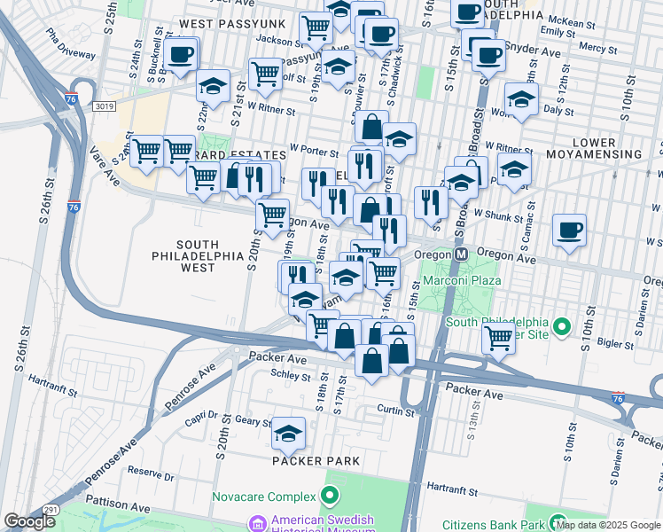 map of restaurants, bars, coffee shops, grocery stores, and more near 1732 Johnston Street in Philadelphia