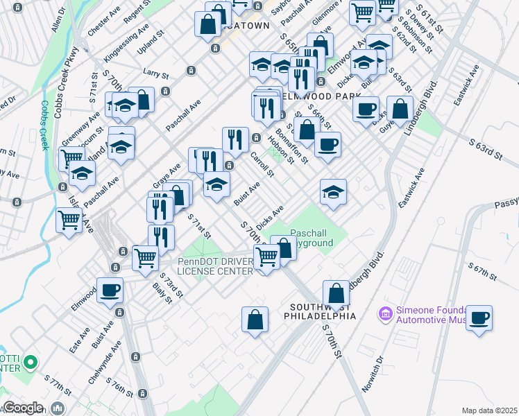 map of restaurants, bars, coffee shops, grocery stores, and more near 2627 South 69th Street in Philadelphia