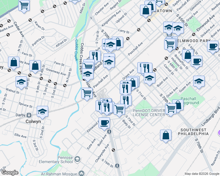 map of restaurants, bars, coffee shops, grocery stores, and more near 2311 Lloyd Street in Philadelphia