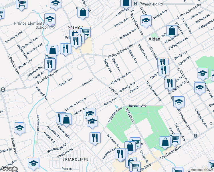 map of restaurants, bars, coffee shops, grocery stores, and more near 621 West Magnolia Avenue in Aldan