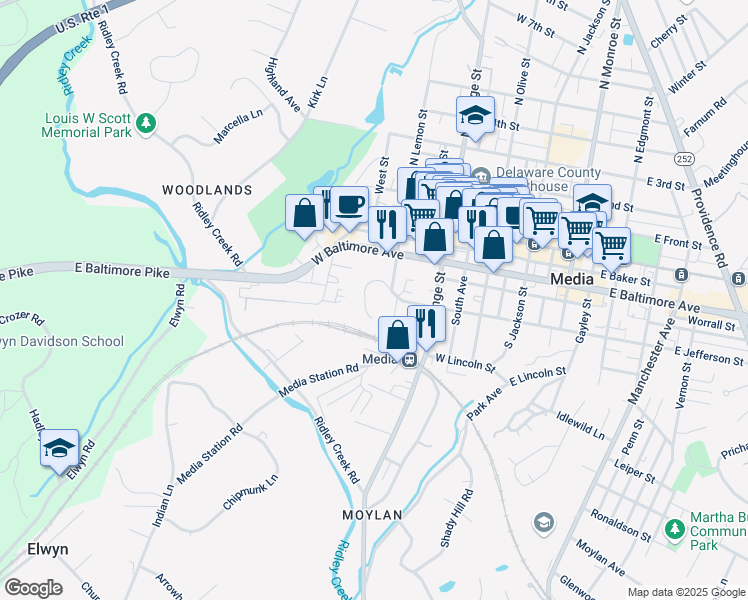 map of restaurants, bars, coffee shops, grocery stores, and more near 408 West Jefferson Street in Media
