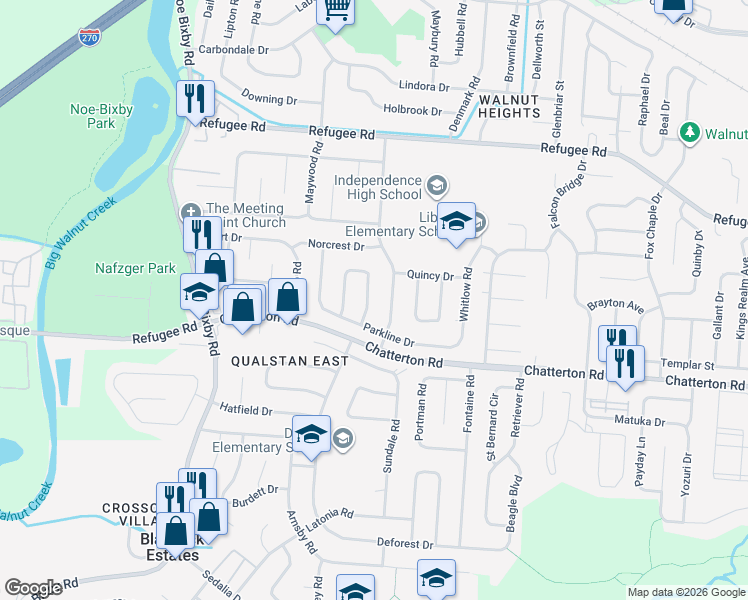 map of restaurants, bars, coffee shops, grocery stores, and more near 2977 Upton Road East in Columbus