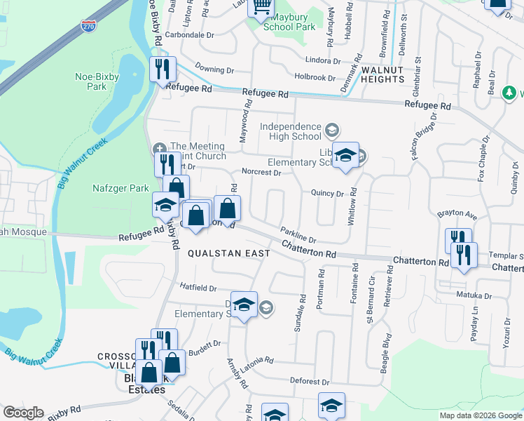 map of restaurants, bars, coffee shops, grocery stores, and more near 2968 Olivette Road in Columbus