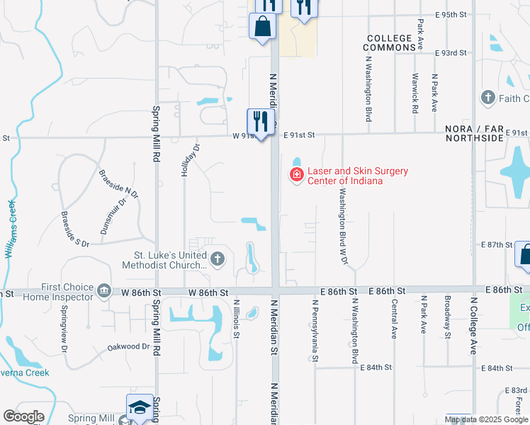 map of restaurants, bars, coffee shops, grocery stores, and more near 8802 North Meridian Street in Indianapolis