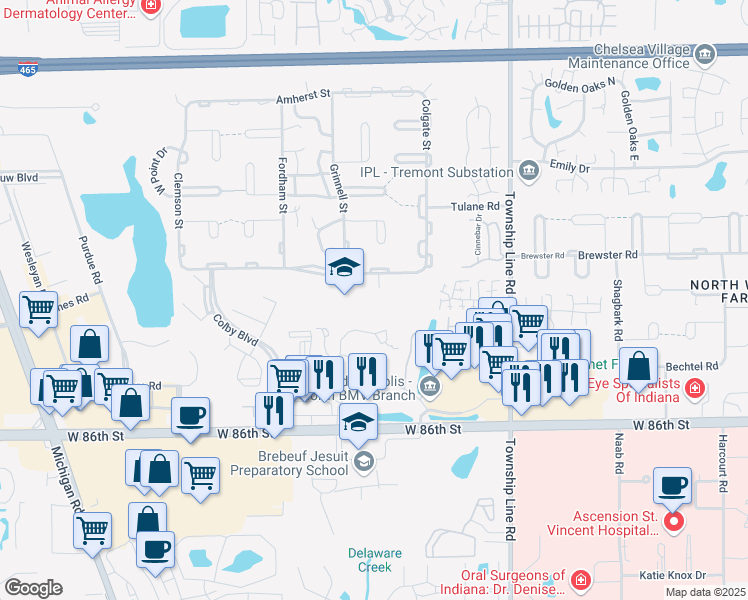 map of restaurants, bars, coffee shops, grocery stores, and more near 2821 Barnard Street in Indianapolis
