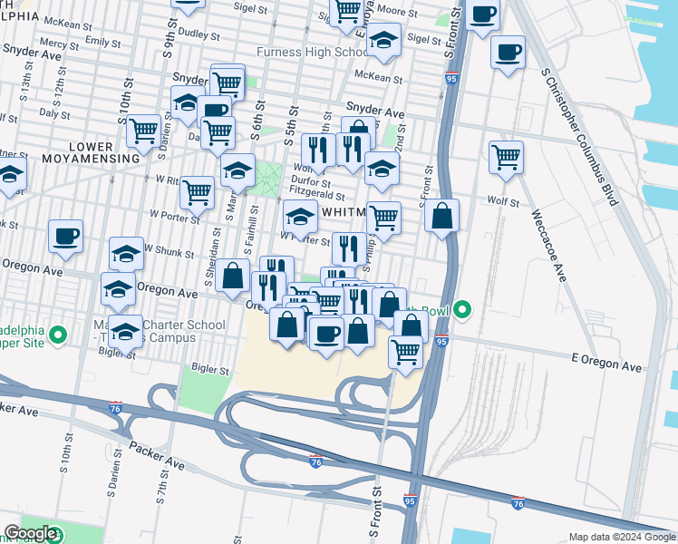 map of restaurants, bars, coffee shops, grocery stores, and more near 2542 South 3rd Street in Philadelphia