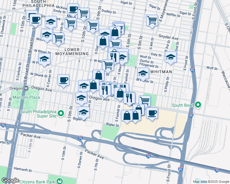map of restaurants, bars, coffee shops, grocery stores, and more near 2618 South Marshall Street in Philadelphia
