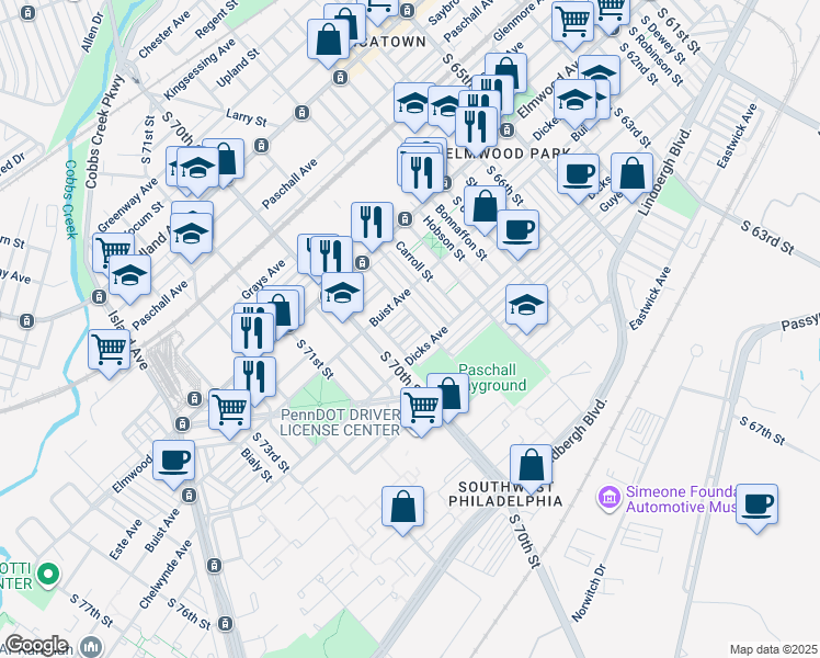 map of restaurants, bars, coffee shops, grocery stores, and more near 2627 South 69th Street in Philadelphia