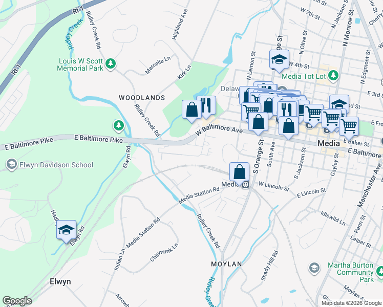 map of restaurants, bars, coffee shops, grocery stores, and more near 617 Painter St in Media