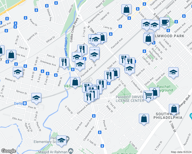 map of restaurants, bars, coffee shops, grocery stores, and more near 7223 Grays Avenue in Philadelphia