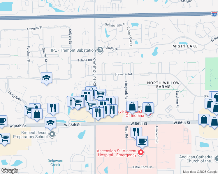 map of restaurants, bars, coffee shops, grocery stores, and more near 2252 River Willow Place in Indianapolis
