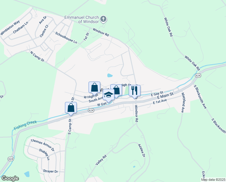 map of restaurants, bars, coffee shops, grocery stores, and more near 7 E High St in Windsor