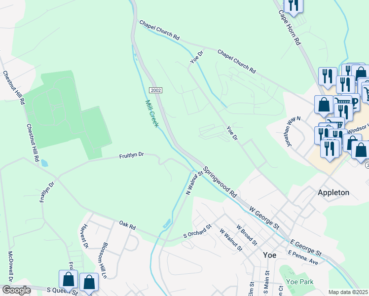 map of restaurants, bars, coffee shops, grocery stores, and more near 3055 Springwood Road in Dallastown