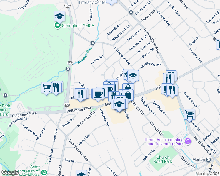 map of restaurants, bars, coffee shops, grocery stores, and more near 627 Sheffield Drive in Springfield