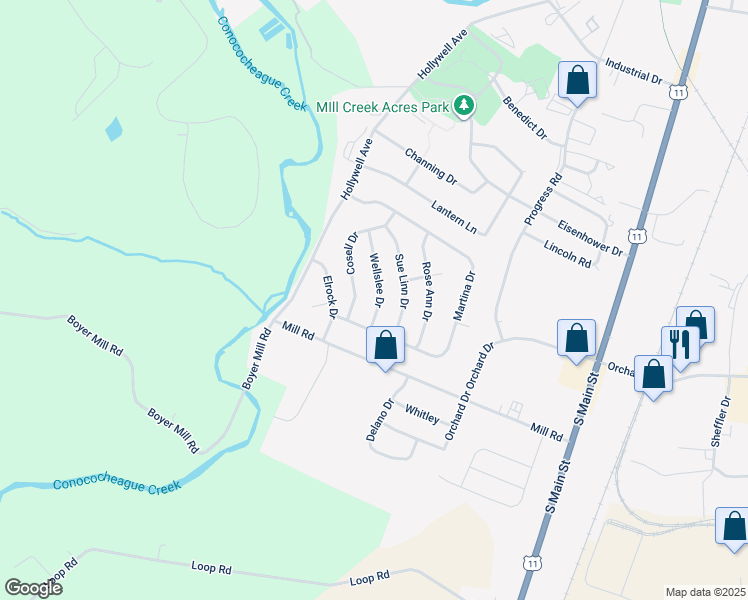 map of restaurants, bars, coffee shops, grocery stores, and more near 339 Wellslee Drive in Chambersburg