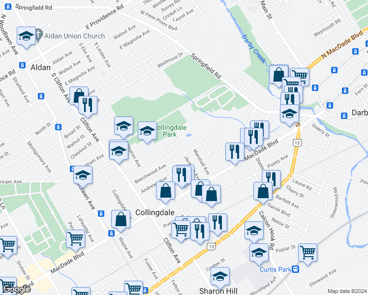 map of restaurants, bars, coffee shops, grocery stores, and more near 409 Jackson Avenue in Collingdale