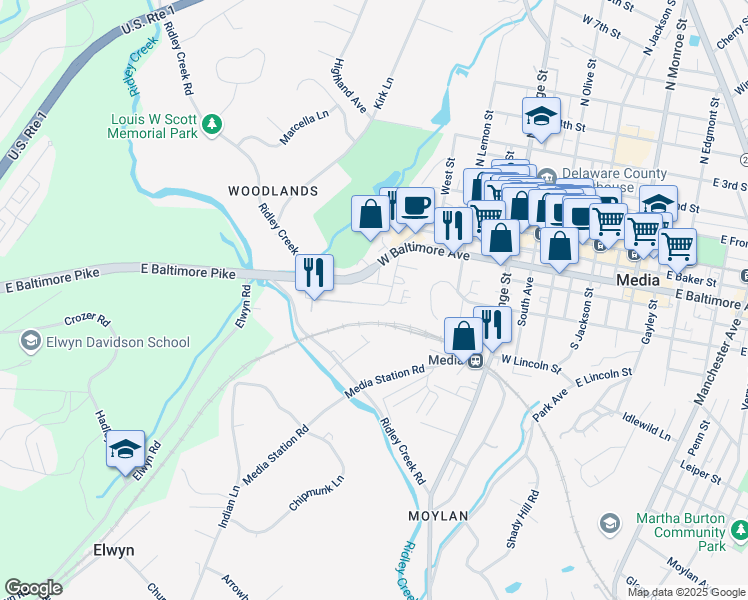 map of restaurants, bars, coffee shops, grocery stores, and more near 615 Painter Street in Media