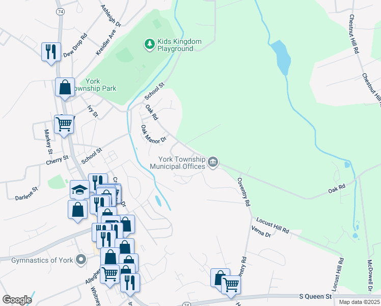 map of restaurants, bars, coffee shops, grocery stores, and more near 180 Oak Ridge Lane in Dallastown