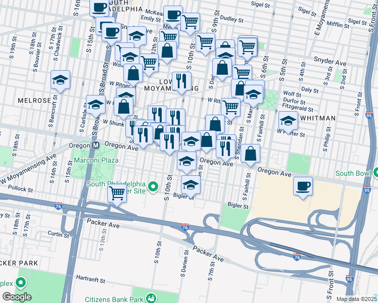 map of restaurants, bars, coffee shops, grocery stores, and more near 2647 South Percy Street in Philadelphia
