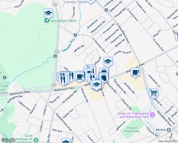 map of restaurants, bars, coffee shops, grocery stores, and more near 627 Sheffield Drive in Springfield